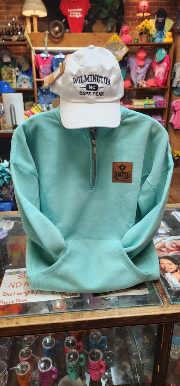 Ladies 1/4 Zip UNCW Sweater with Front Pocket- Teal
