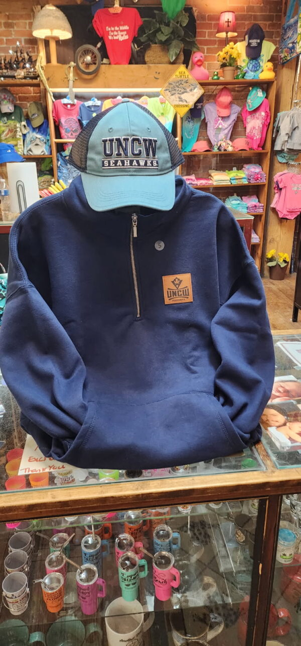 Men's 1/4 Zip UNCW Sweater w/ Front Pocket- Navy